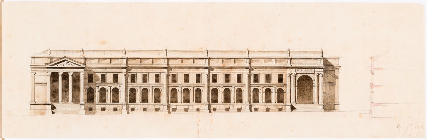 Project for a Galerie de zoologie or a Galerie de botanique et de paléontologie: Elevation and partial section