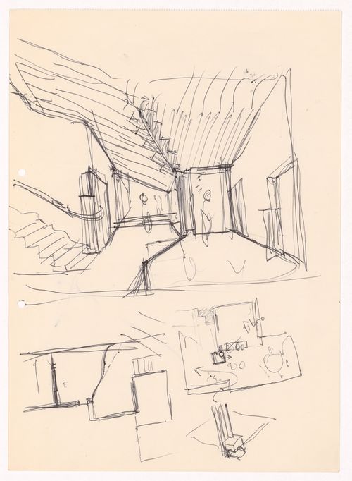 Sketch perspective, plan and details for Habitação Dr. Júlio Gesta, Matosinhos, Portugal