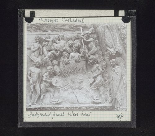 Detail view of Judgment Day panel of west portal of Cathédrale Saint-Etienne de Bourges, Bourges, France
