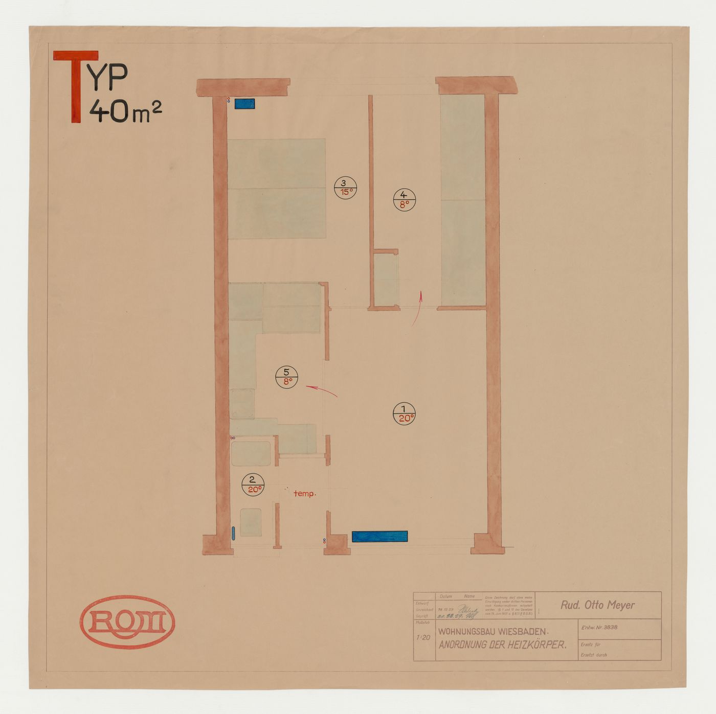 Plan for a housing unit showing radiator heating system, Wiesbaden, Germany