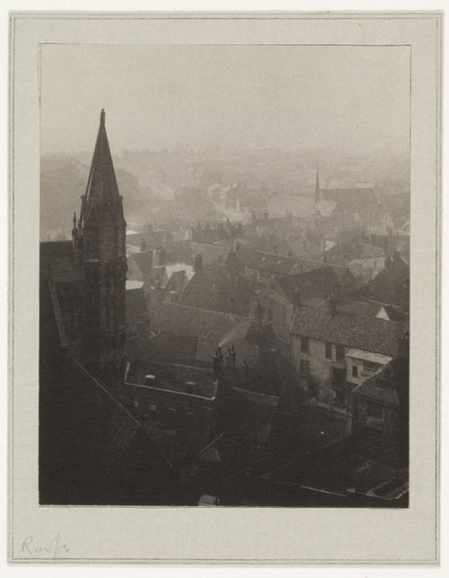 View of the bell tower of Lincoln Cathedral and surrounding roof-tops, Lincoln, England