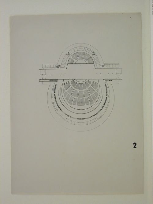 Photograph of a plan for the first round of competition for a "synthetic theater" in Sverdlovsk, Soviet Union (now Ekaterinburg, Russia)