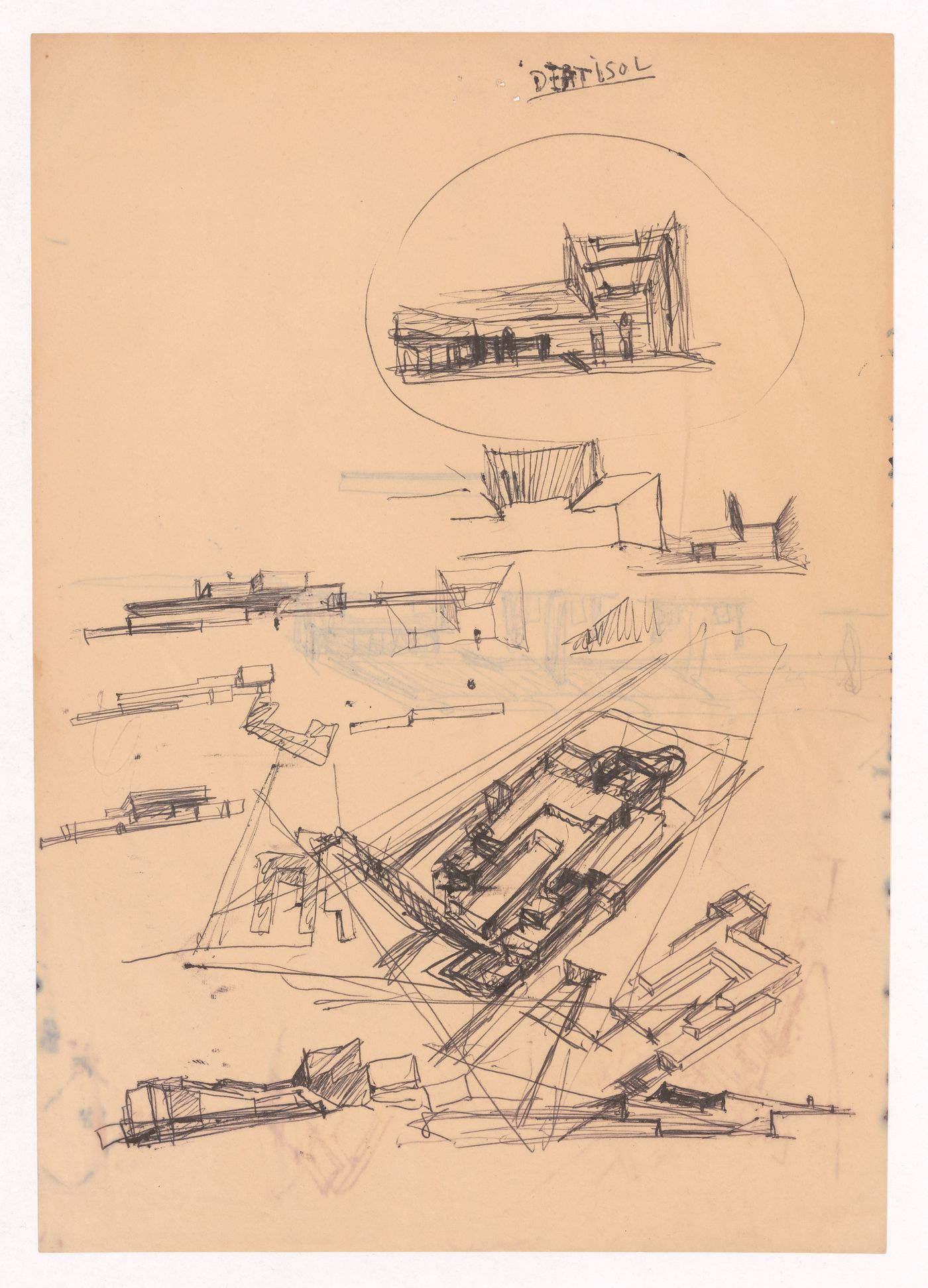 Sketch section and axonometric views for Habitação A. Felgueiras, Porto, Portugal