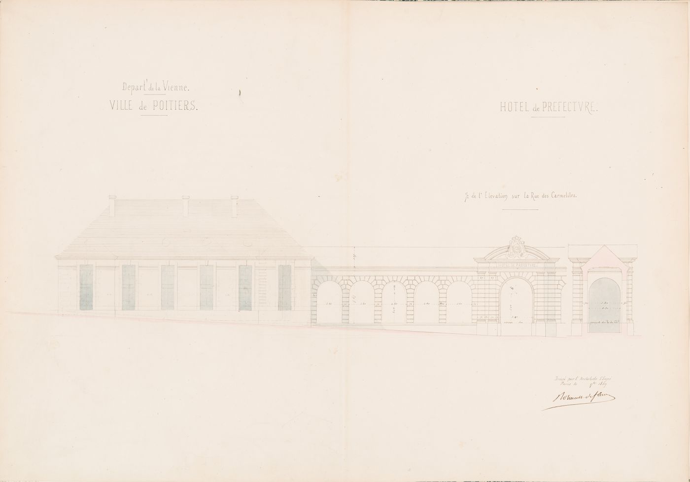 Project for a Hôtel de préfecture, Poitiers: Partial front elevation showing the guardroom, academy, portico, and entrance, including a cross section through the entrance, rue des Carmelites