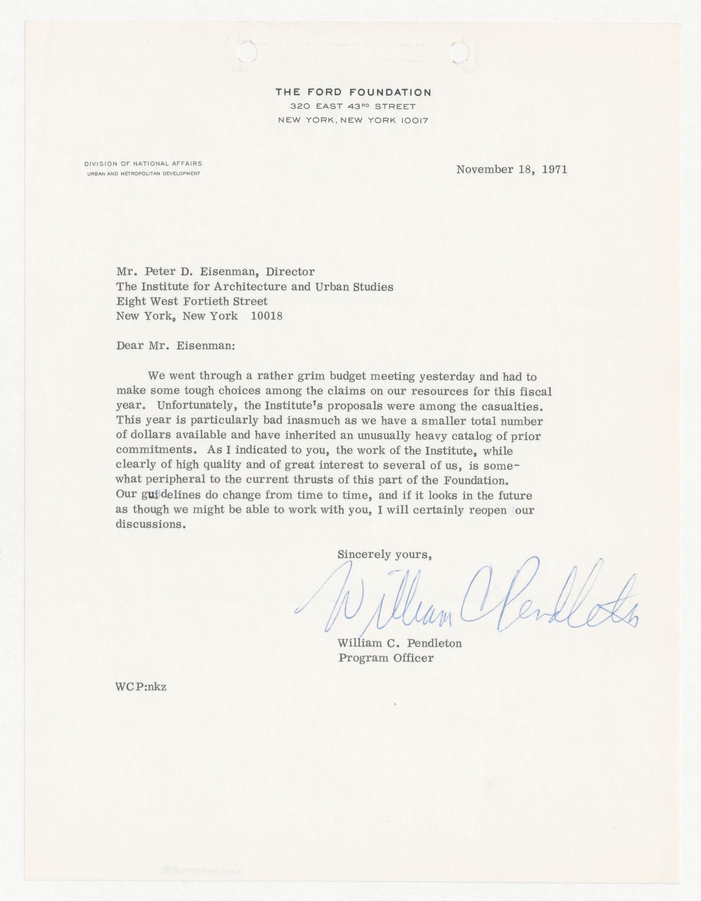 Letter from William C. Pendleton to Peter D. Eisenman about funding from the Ford Foundation