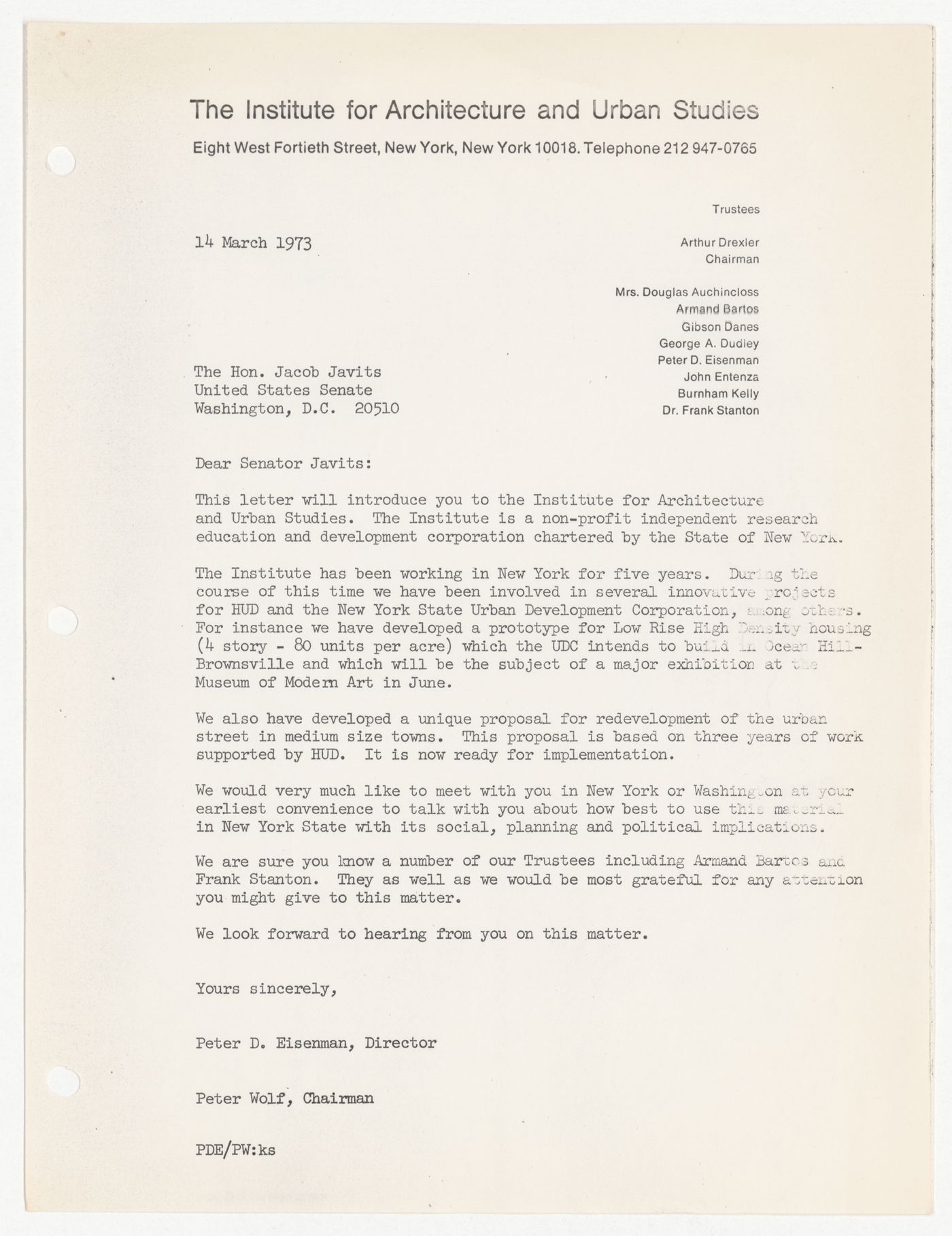 Letter from Peter D. Eisenman and Peter Wolf to the Honorable Jacob Javits presenting IAUS and requesting a meeting