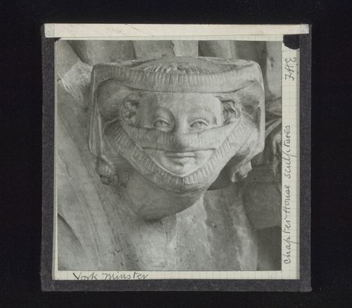 View of sculpture of woman's head in Chapter House of York Minster, York, North Yorkshire, England