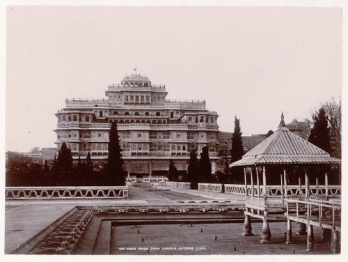 View of the Chandra Mahal [Moon Palace] from the Jai Niwas Garden, Jeypore (now Jaipur), India