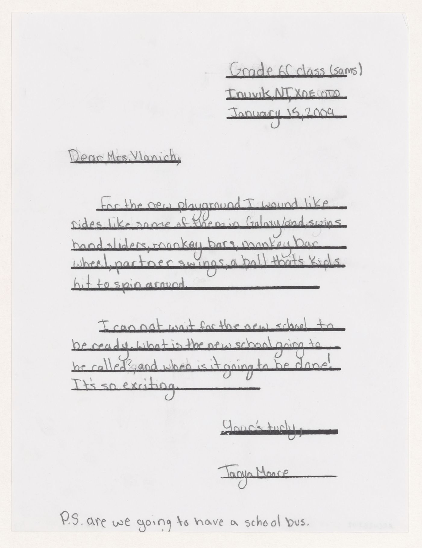 Letter from student for Inuvik School, Inuvik, Northwest Territories