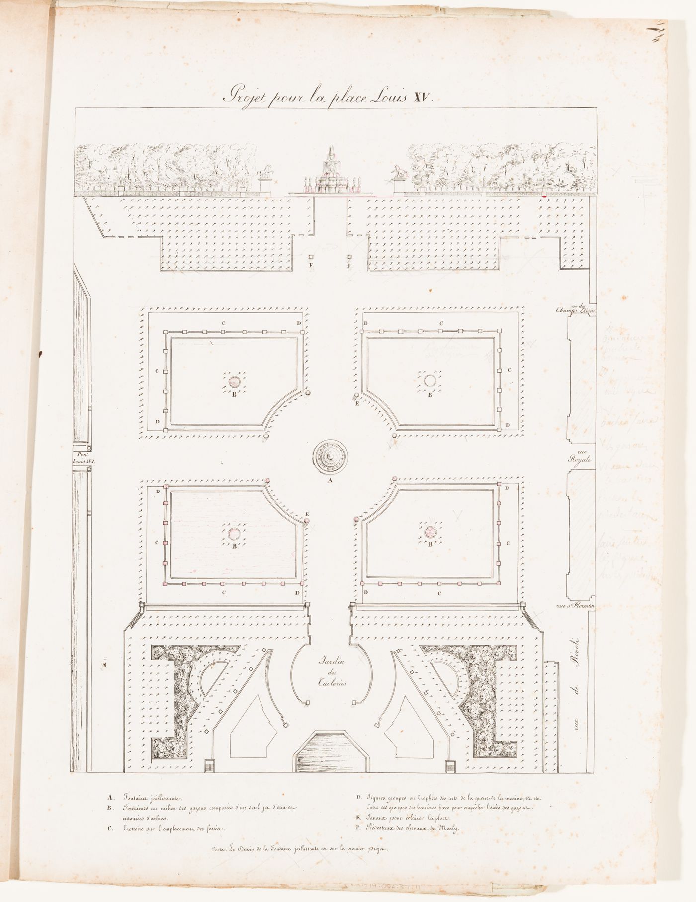 Plan and elevation for place Louis XV with five fountains and a promenade bordered by a row of sculptures