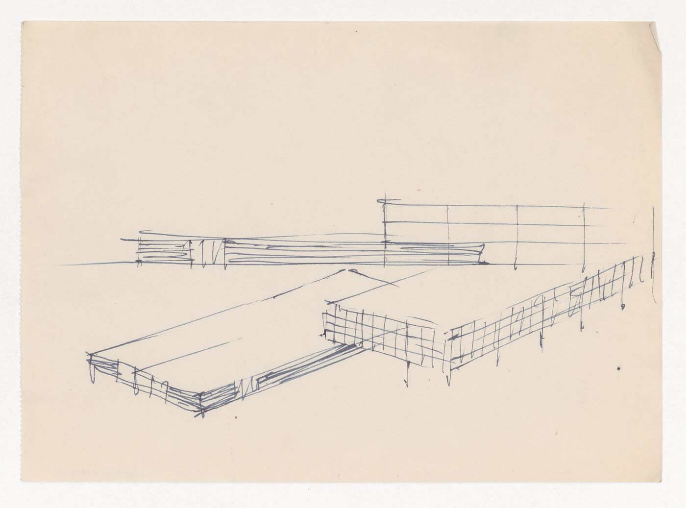 Partial sketch elevation and axonometric sketch for the Gymnasium and Natatorium complex