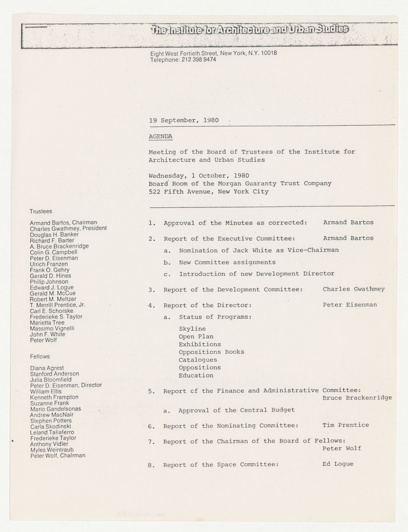 Agenda for meeting of the Board of Trustees for October 1st 1980