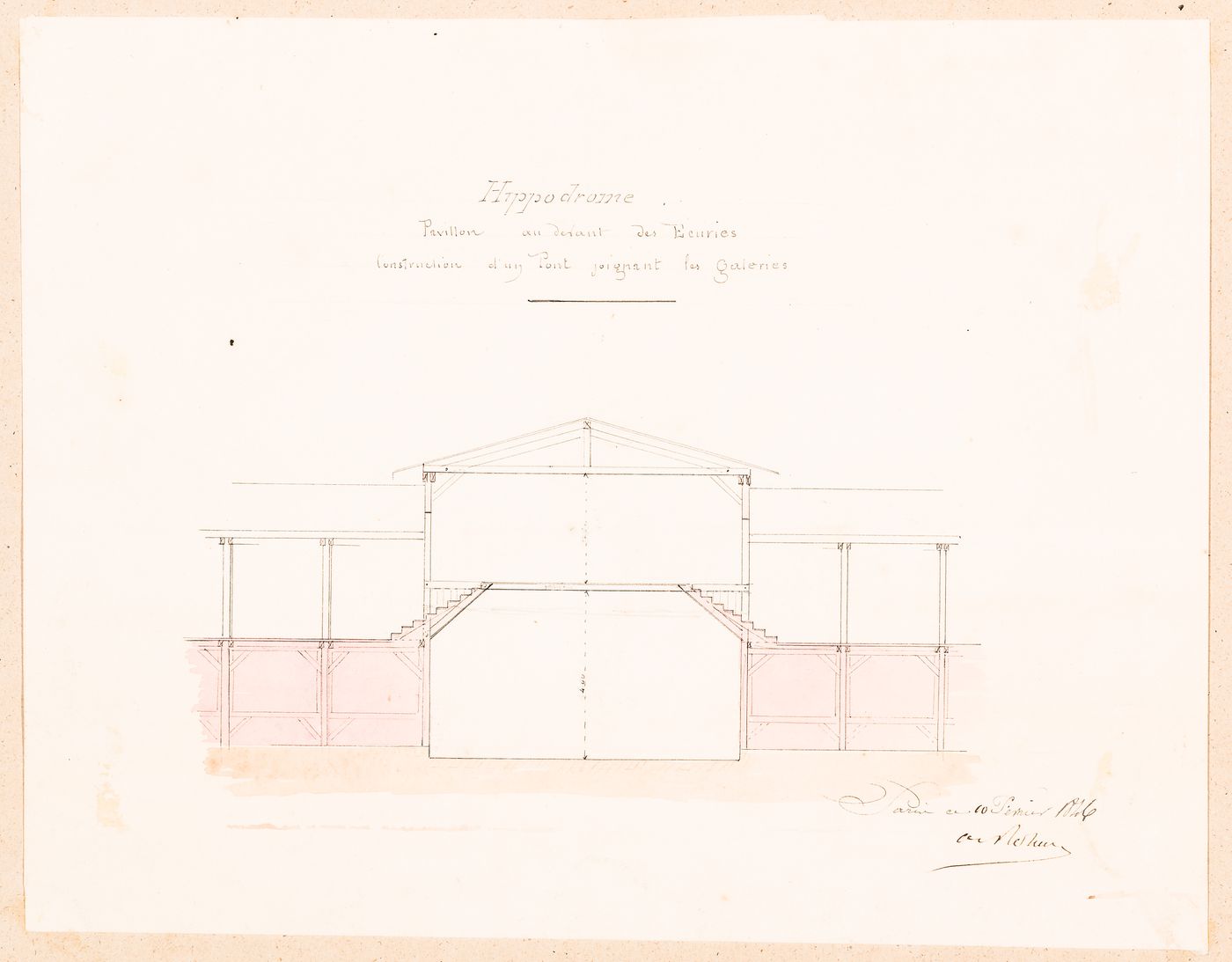 Hippodrome national, Paris: Section through the pedestrian bridge over the entrance to the service court