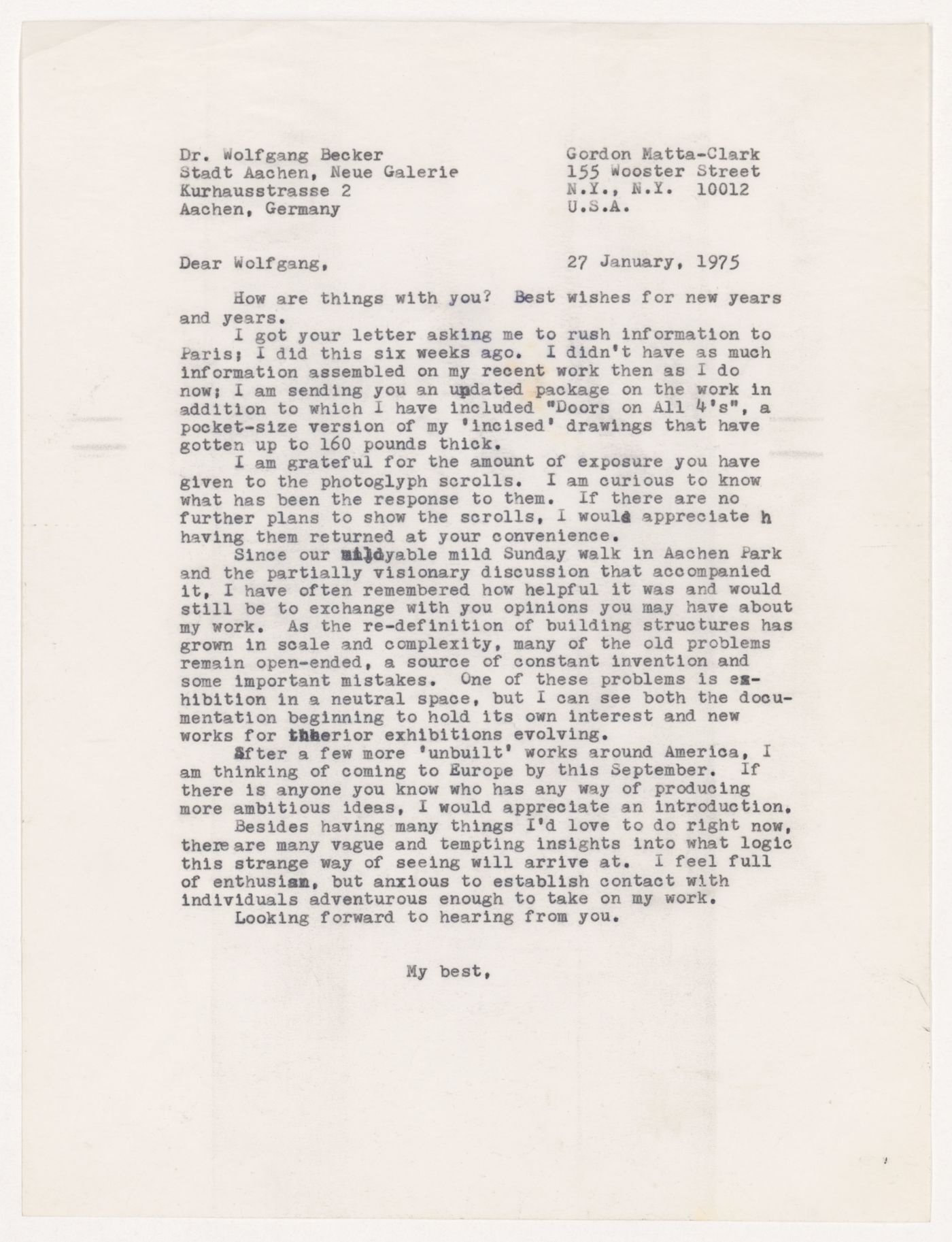 Letter from Gordon Matta-Clark to Dr. Wolfgang Becker