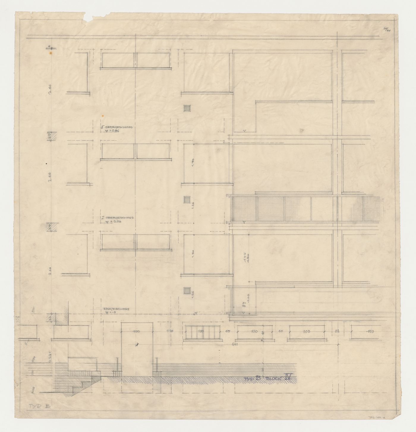 Elevation for a type B housing unit for Block IV, Hellerhof Housing Estate, Frankfurt am Main, Germany