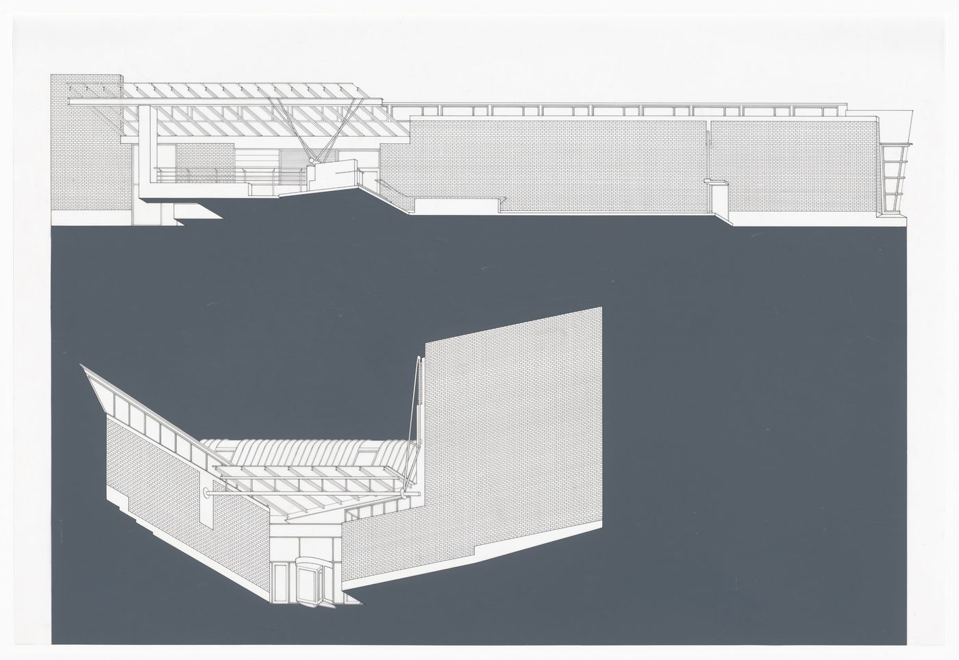 Elevation and axonometric for Belkin Art Gallery, Vancouver, British Columbia, Canada