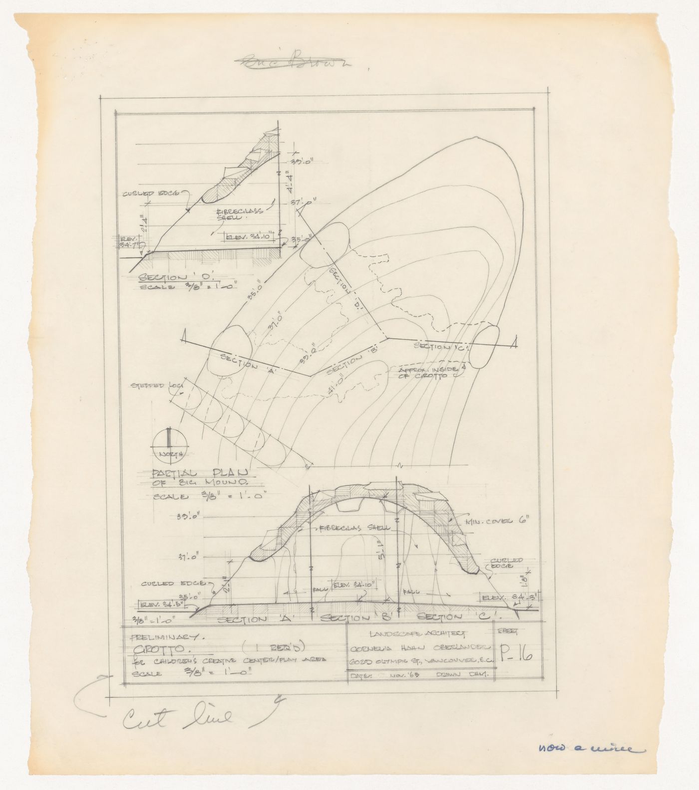 Preliminary plan for grotto and section for big mound for Children's Creative Centre Playground, Canadian Federal Pavilion, Expo '67, Montréal, Québec