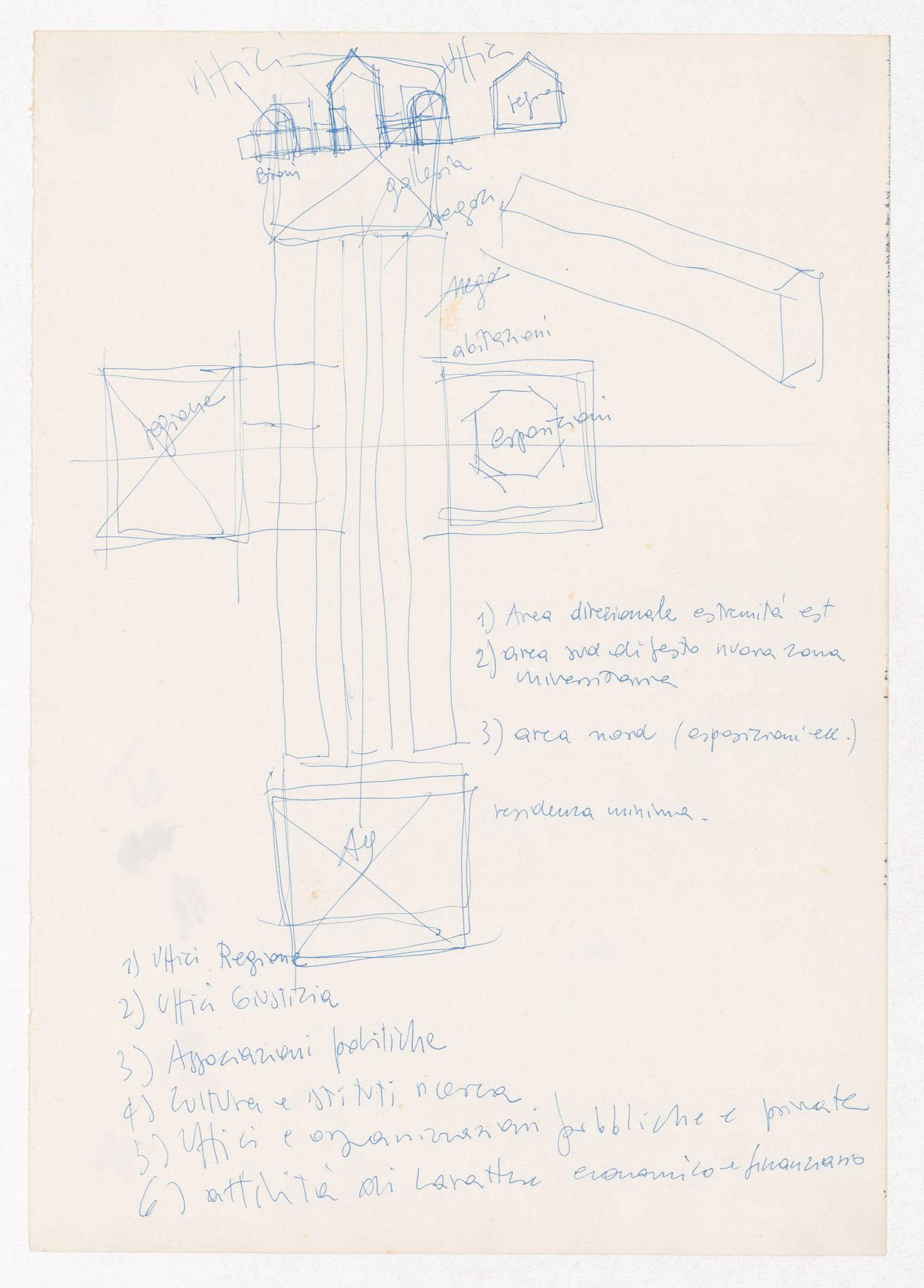 Sketch plan, sketch axonometric, and sketch elevation for Centro Direzionale, Florence