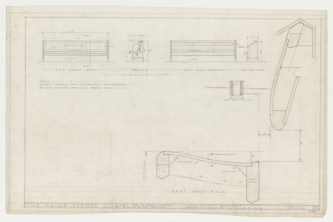 Wayfarers' Chapel, Palos Verdes, California: Elevations, sections and details for pews