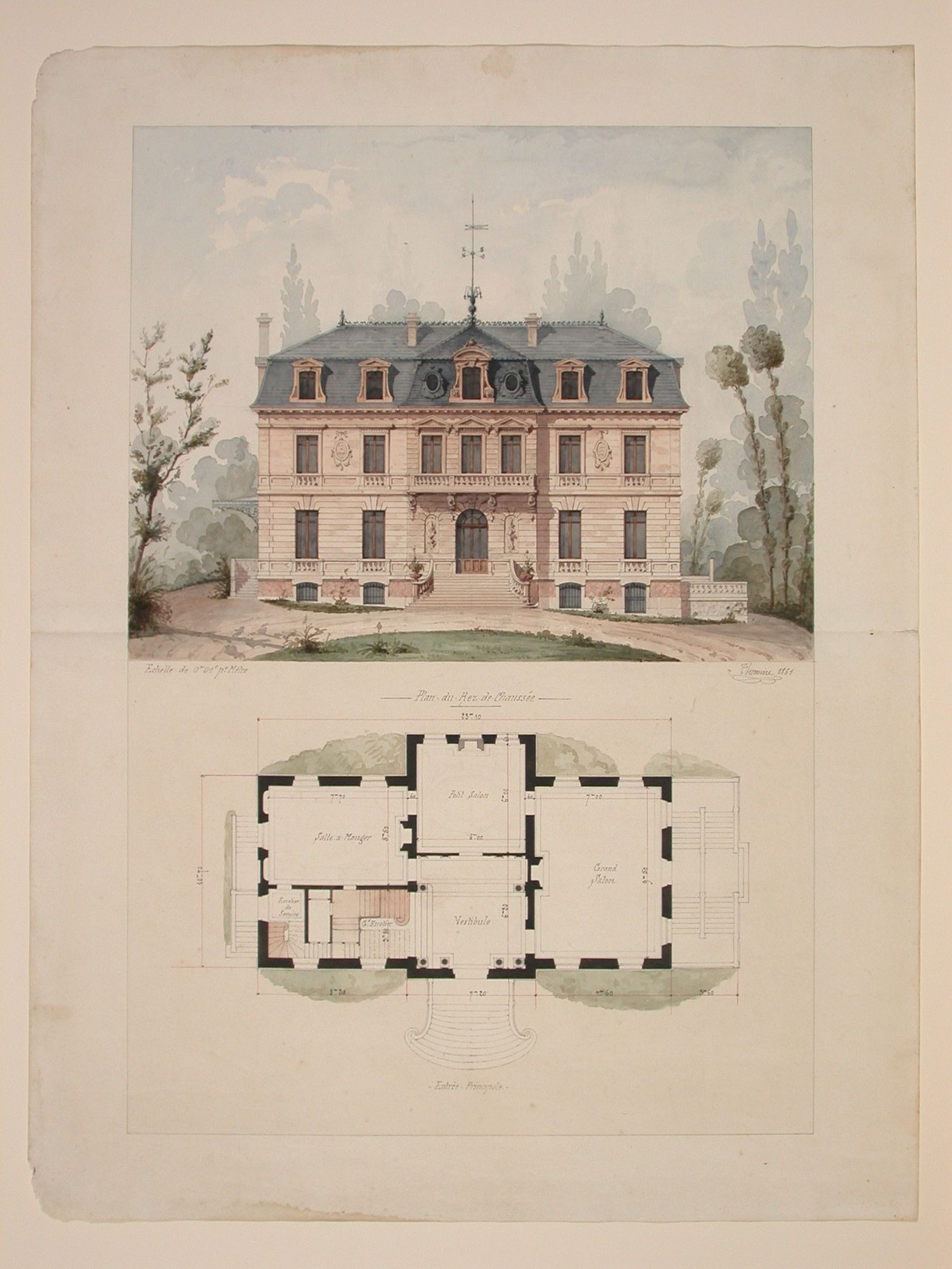 Rendered elevations and plans for a chalet-style house