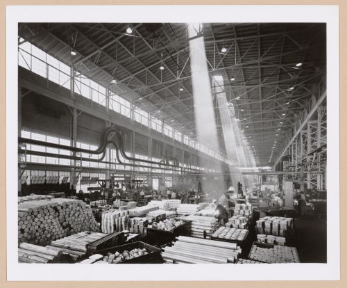 Interior view of the Aluminum Forge Building, General Motors Corporation Chevrolet division Automobile Assembly Plant, Saginaw, Michigan, United States