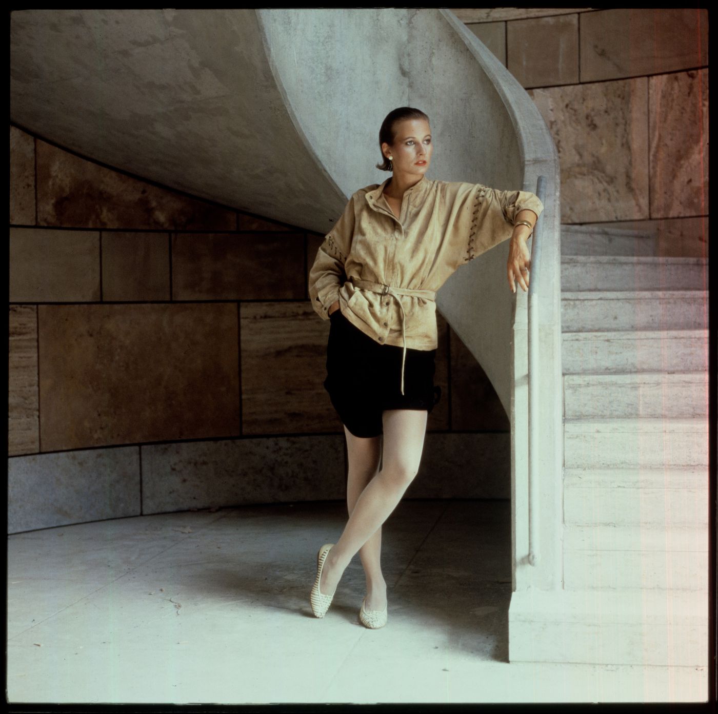 View of Staatsgalerie with fashion model, Stuttgart, Germany