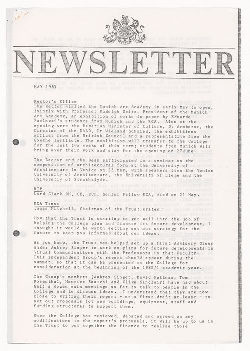 Newsletter for the Royal College of Art in London
