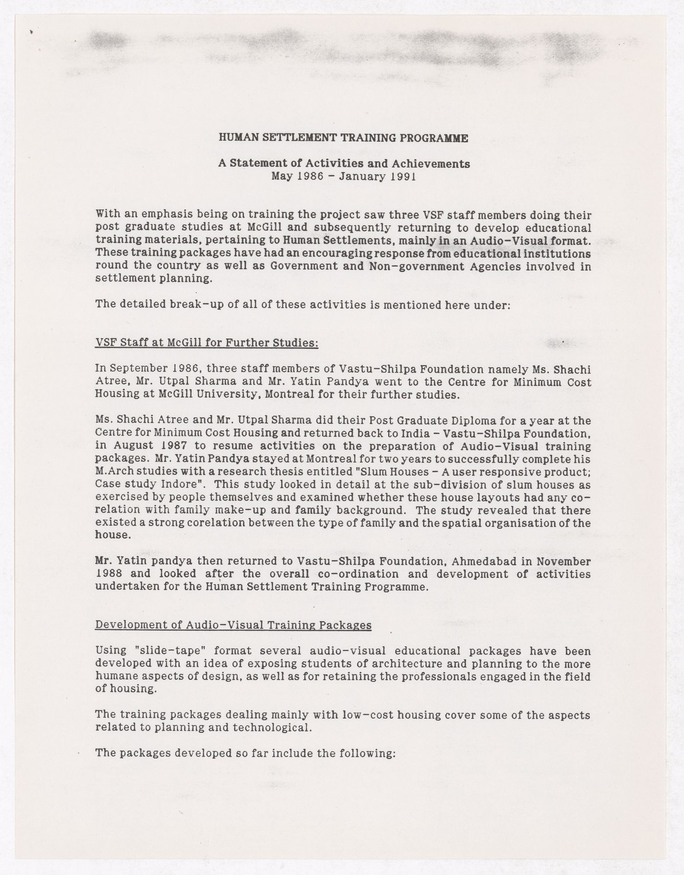Activities report for the Human Settlement Training Programme
