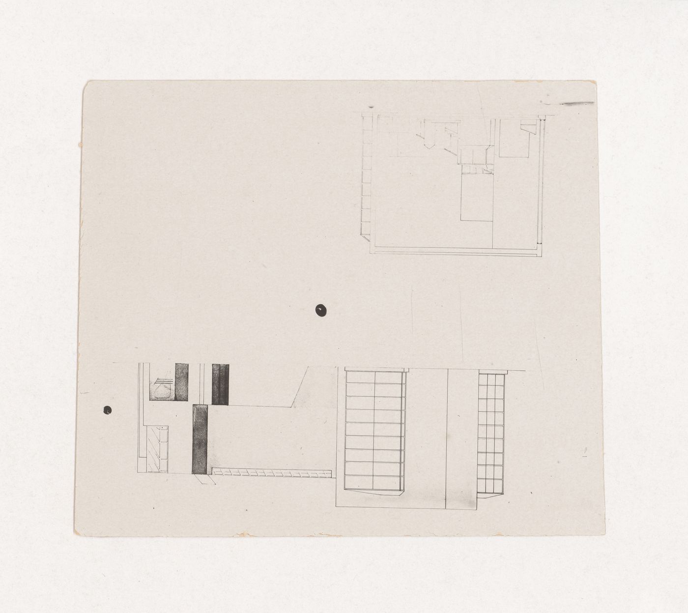 Photograph of student drawings on the topic "Exercise on the Expressiveness of Inner Space and Volume. Aquarium-Terrarium" for the "Space" course at the Vkhutein (Moscow Higher Technical Institute), Moscow