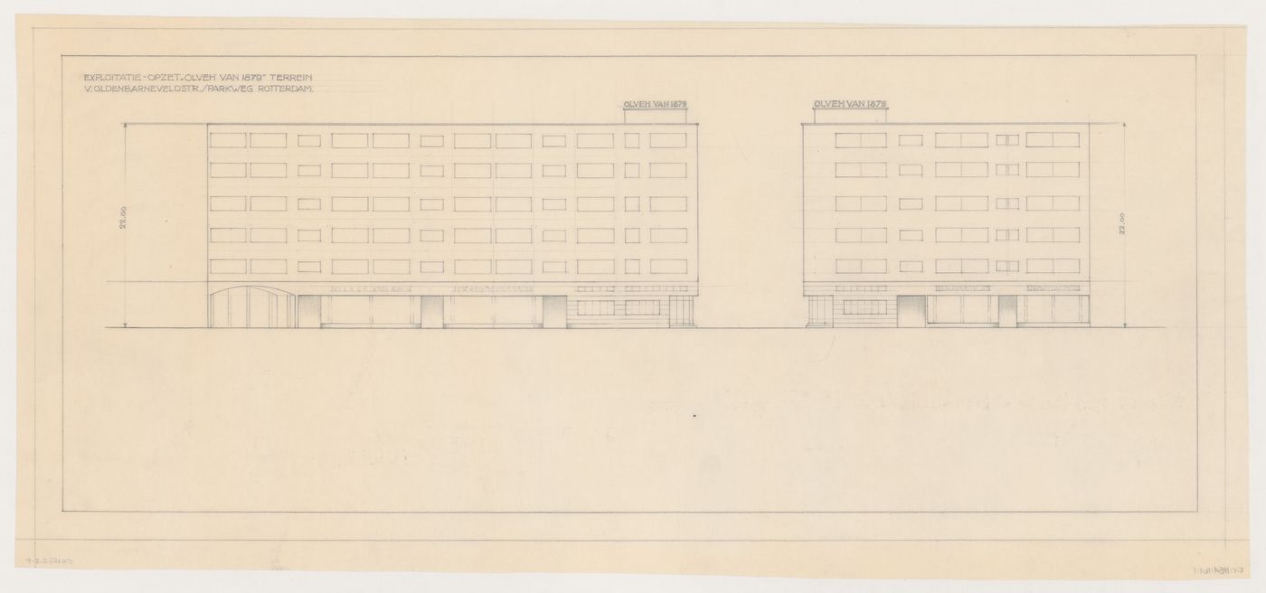 Principal and lateral elevations for Olveh mixed-use development, Rotterdam, Netherlands