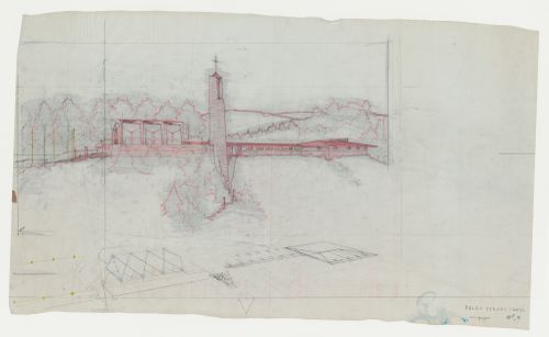 Wayfarers' Chapel, Palos Verdes, California: Preparatory drawing for a perspective presentation drawing