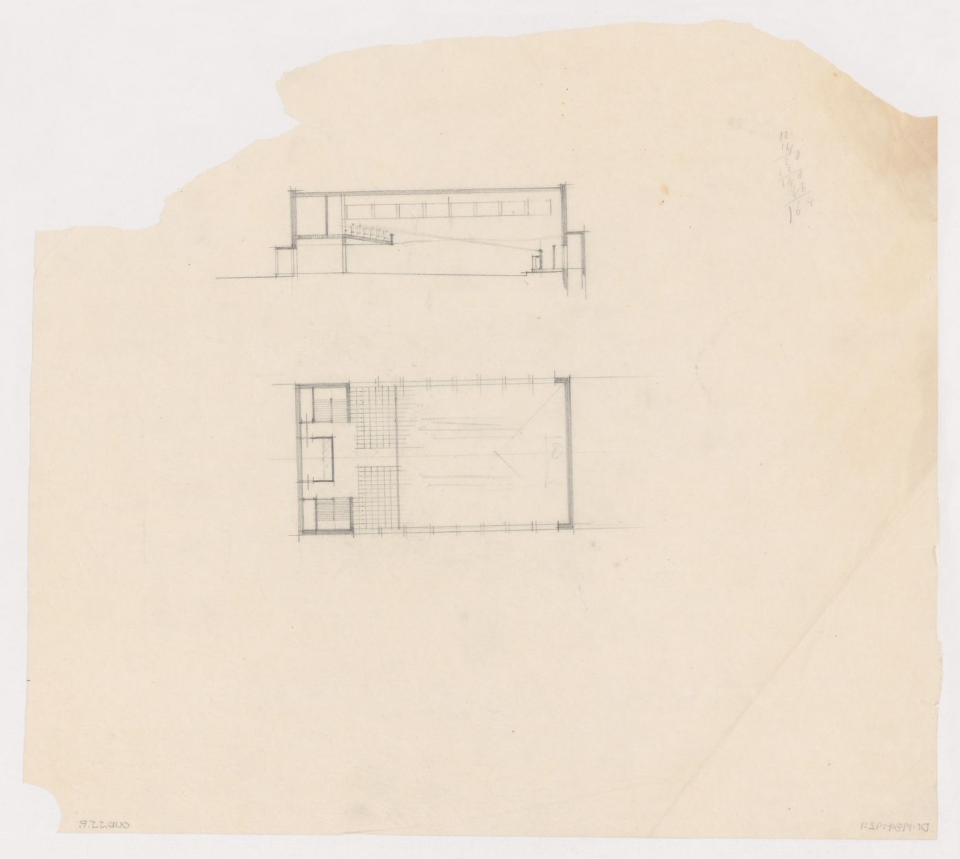 Plan and section for the church meeting hall for Kiefhoek Housing Estate, Rotterdam, Netherlands
