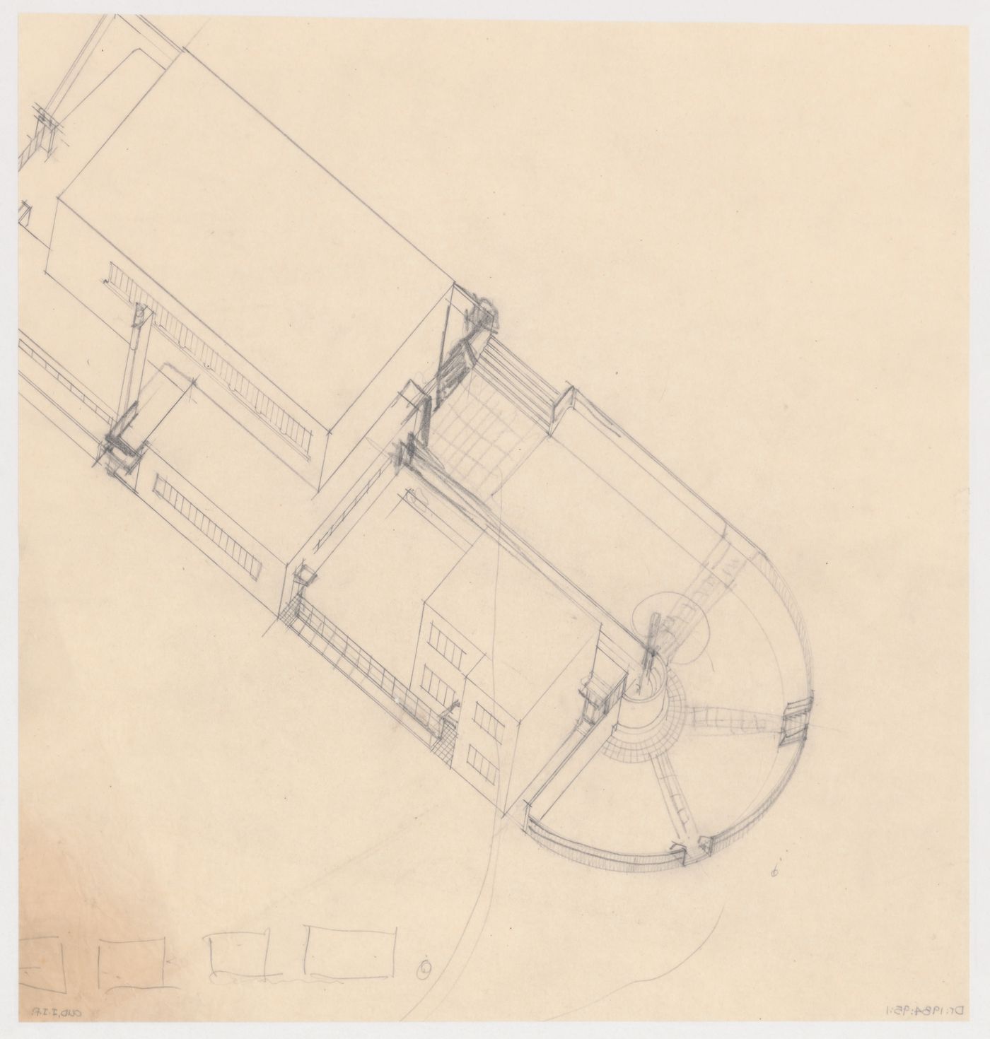 Partial bird's-eye axonometric for the church for Kiefhoek Housing Estate, Rotterdam, Netherlands