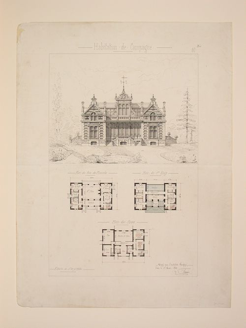 Rendered elevation, section, and plans for a "Residence Bourgeoise" in the countryside