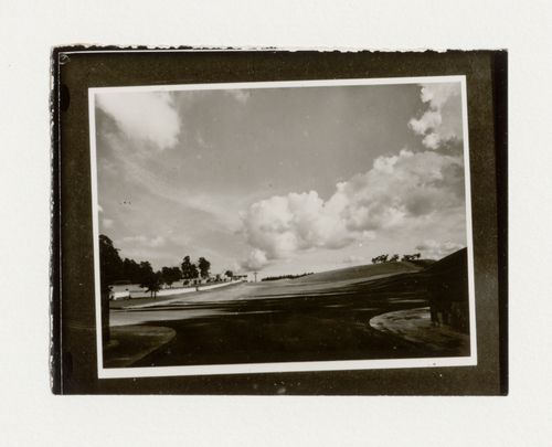 Exterior view of the Chapel of Faith, the Chapel of Hope, the loggia of Monument Hall and the Way of the Cross walkway, Woodland Crematorium and Cemetery, Stockholm