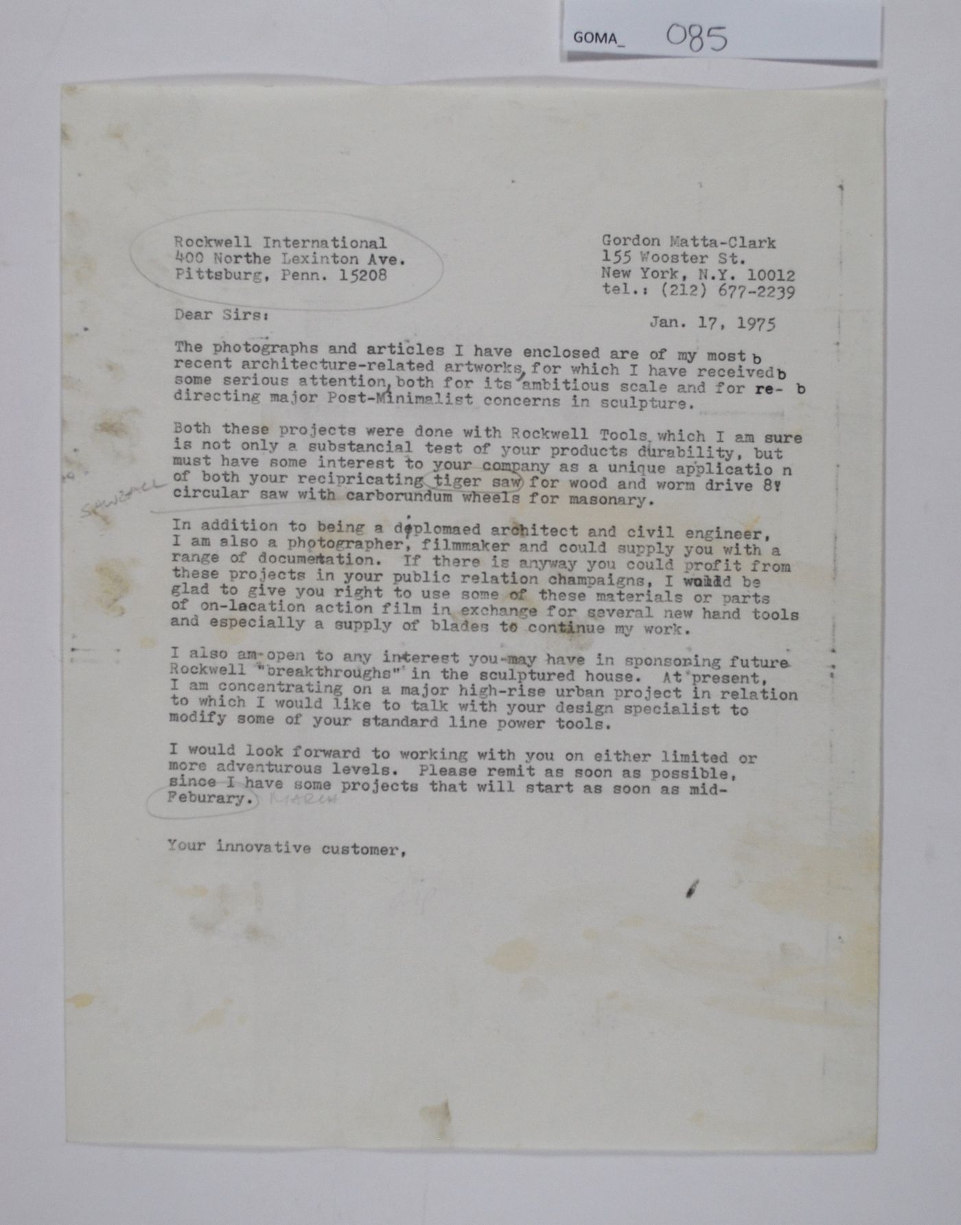 Letter from Gordon Matta-Clark to Rockwell International