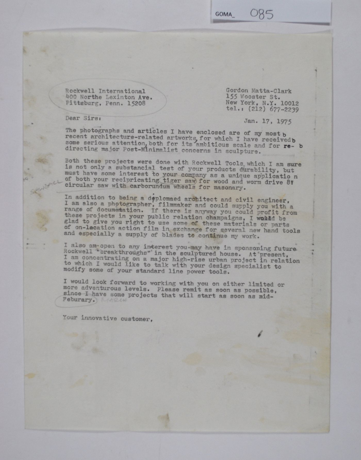 Letter from Gordon Matta-Clark to Rockwell International