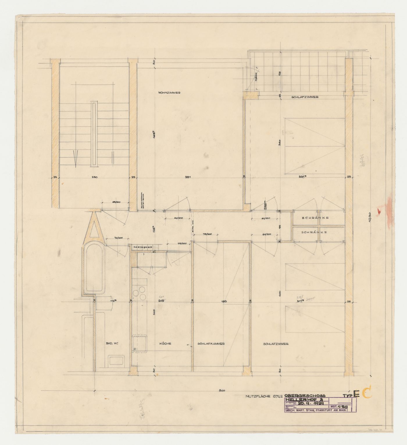 First floor plan for a type C housing unit, Hellerhof Housing Estate, Frankfurt am Main, Germany