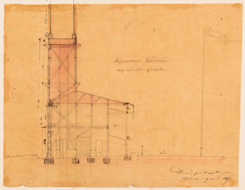 Hippodrome national, Paris: Section through the principal entrance showing the wood framing