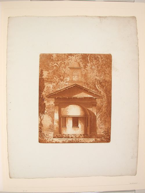 Rear elevation of a mausoleum in a wooded setting