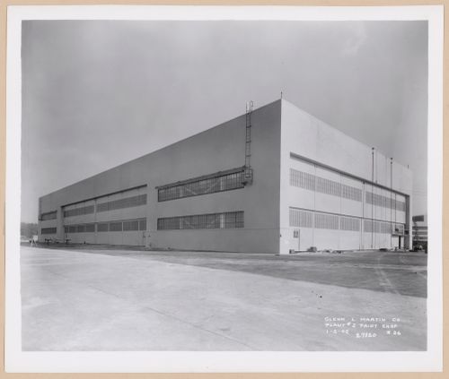 View of the principal [?] and lateral façades of the Paint Shop, Glenn L. Martin Company Navy Assembly Plant No. 2, Middle River, Maryland