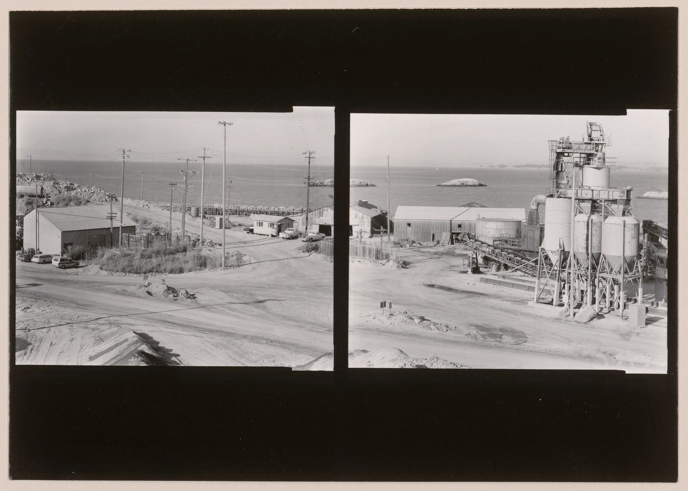 Panoramic composite photograph of the San Rafael Rock Quarry showing buildings, machinery and San Francisco Bay, Point San Pedro, San Rafael, Marin County, California, United States