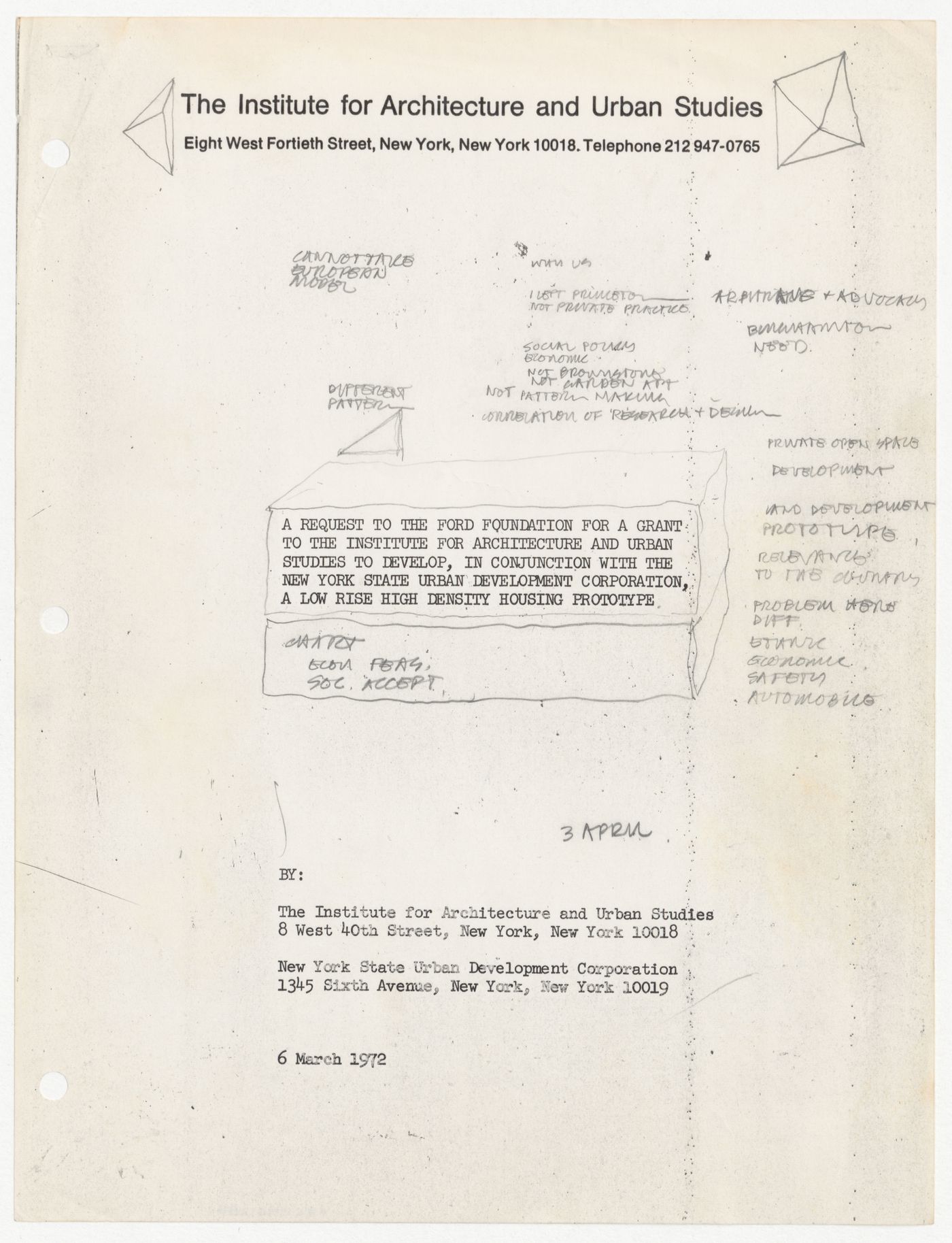 Cover page of request to the Ford Foundation for a grant to develop a Low-Rise High-Density (LRHD) prototype with annotations by Peter D. Eisenman