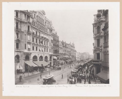 View looking down on Central Avenue, cars and people on street, Rio de Janeiro, Brazil