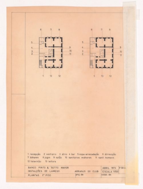 Second floor club layout plans for Banco Pinto & Sotto Mayor, agência e clube, Lamego, Portugal