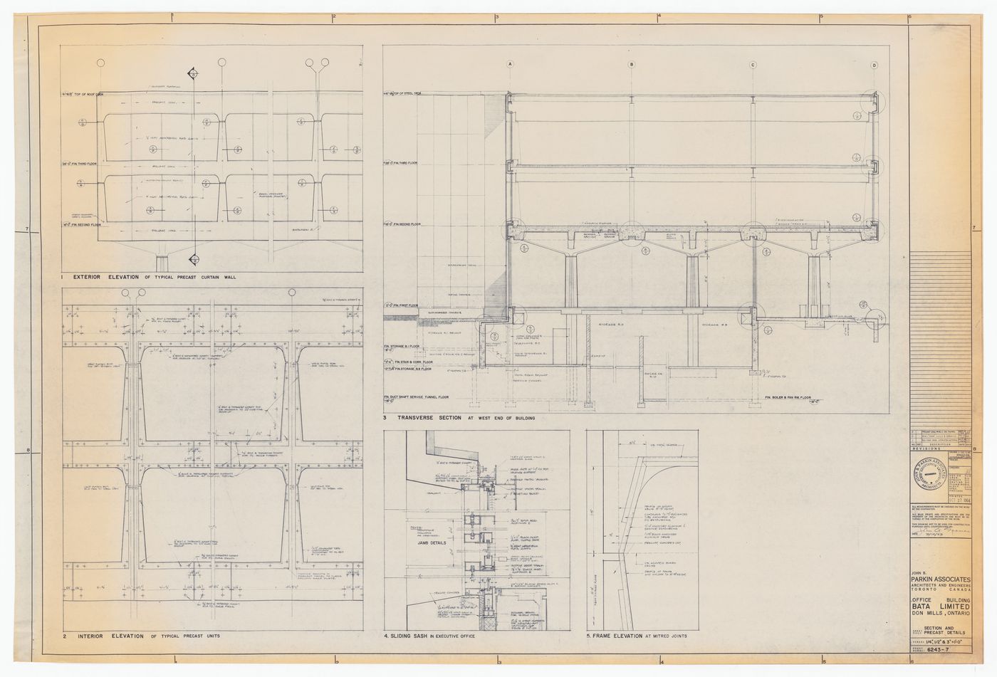 Section and precast details for Bata Limited Office Building, Don Mills, Ontario