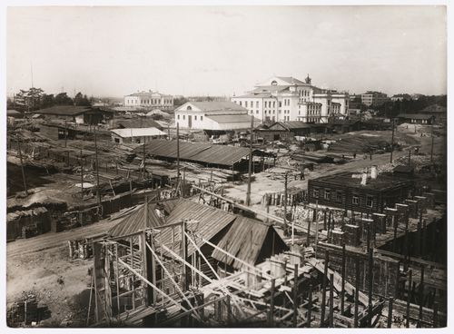 View of the Building of Industry construction site with the country house of Rastorguev-Haritonov [?] in the background, Sverdlovsk, Soviet Union (now Ekaterinburg, Russia)