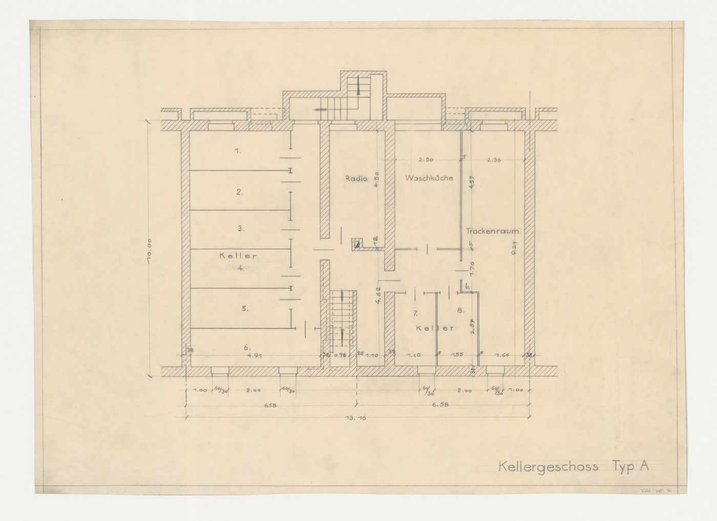 Basement plan for a type A housing unit, Hellerhof Housing Estate, Frankfurt am Main, Germany