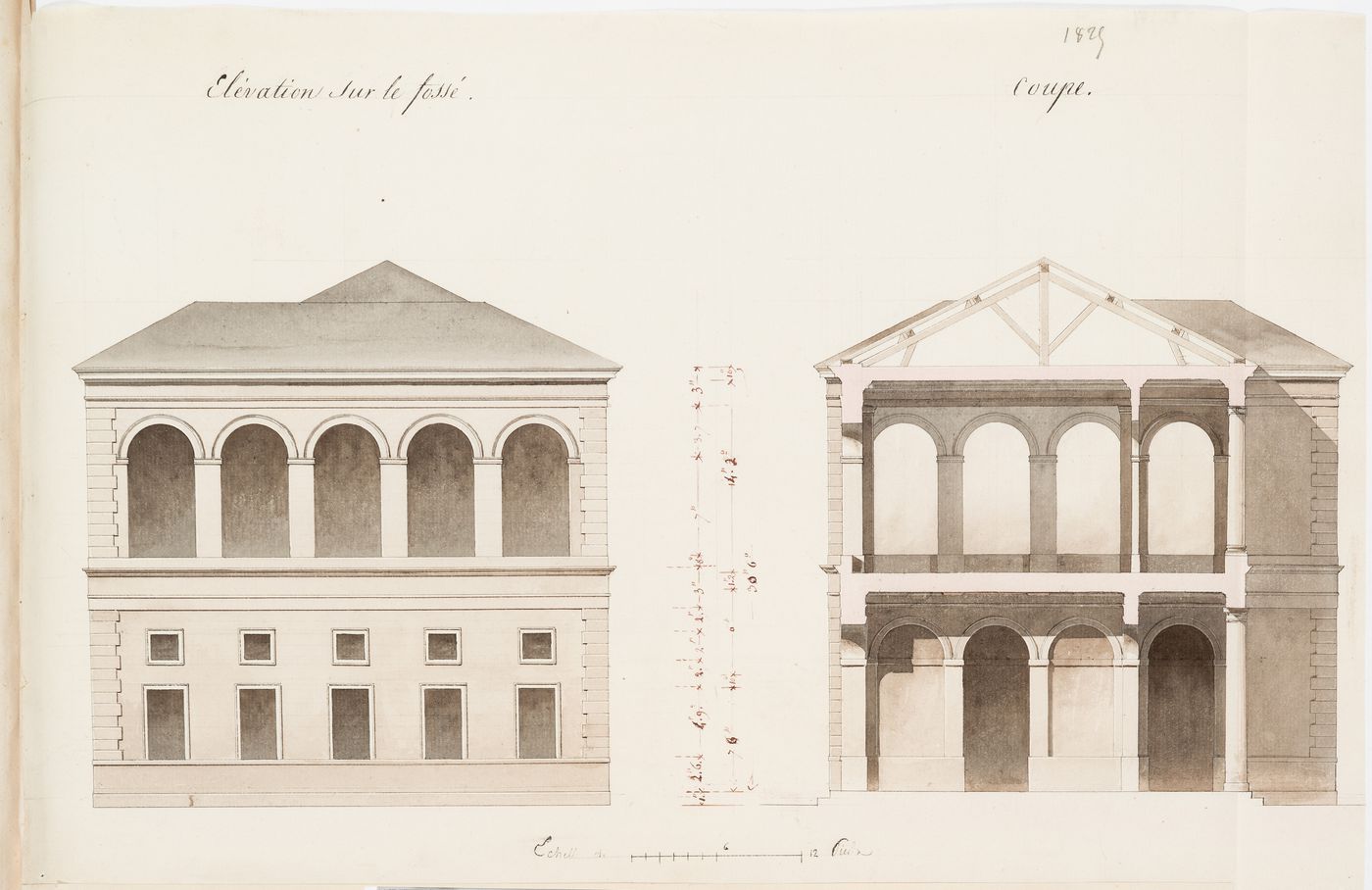 Cross section and elevation for a "guinguette"