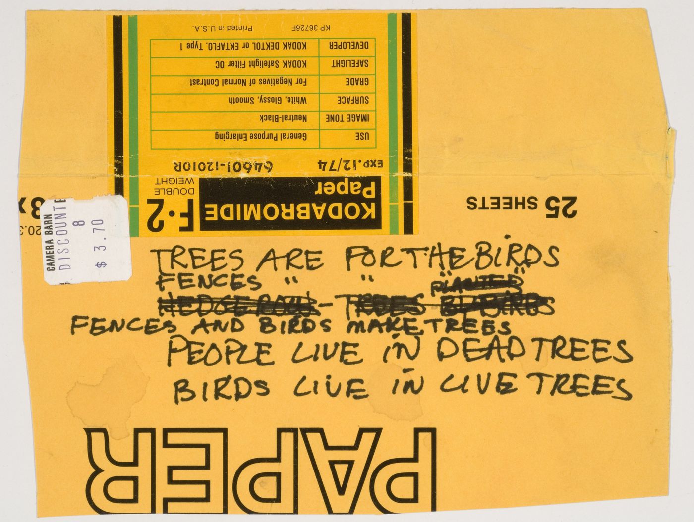 Trees are for the Birds / Fences " " " / Fences and Birds make Trees / People live in dead Trees / Birds live in live Trees